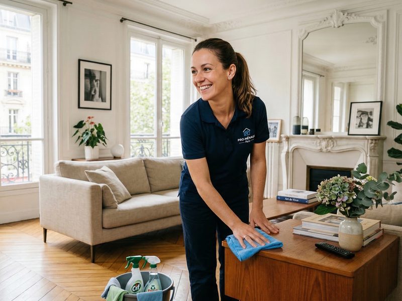 Professional cleaning person working in a bright office